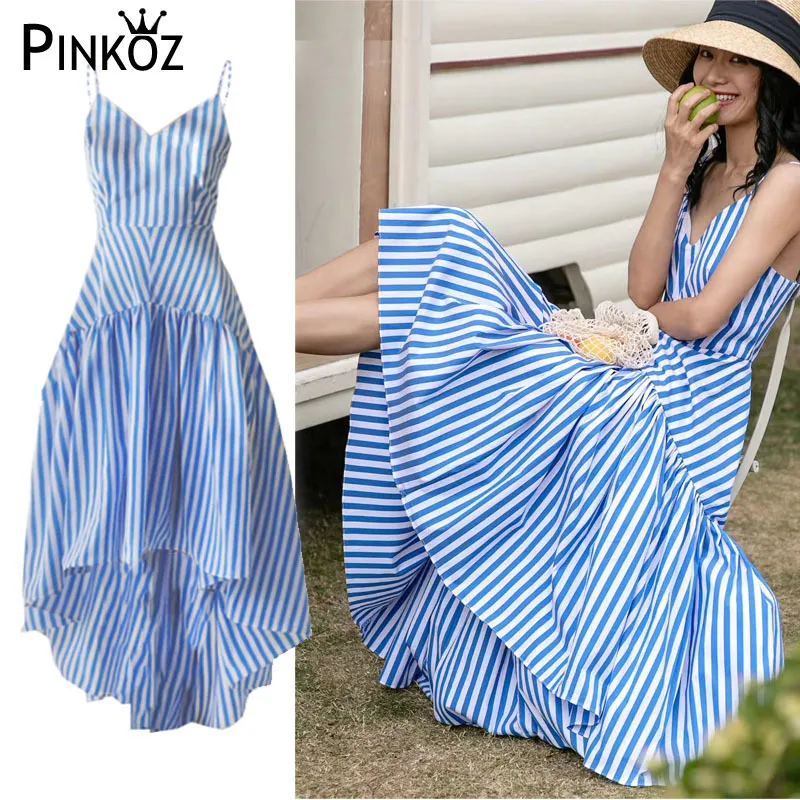 Diseñador elegante azul rayado correa de espagueti verano asimétrico maxi vestido volantes vacaciones fiesta playa bata mujer 210421