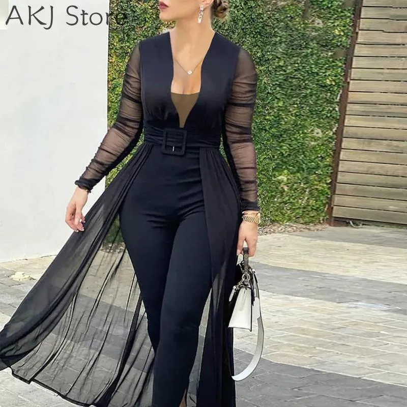 Dames Mode Elegante Lange Mouw Mesh Skinny Jumpsuits Formele Party Romper Sheer Jumpsuit Dames Rompertjes