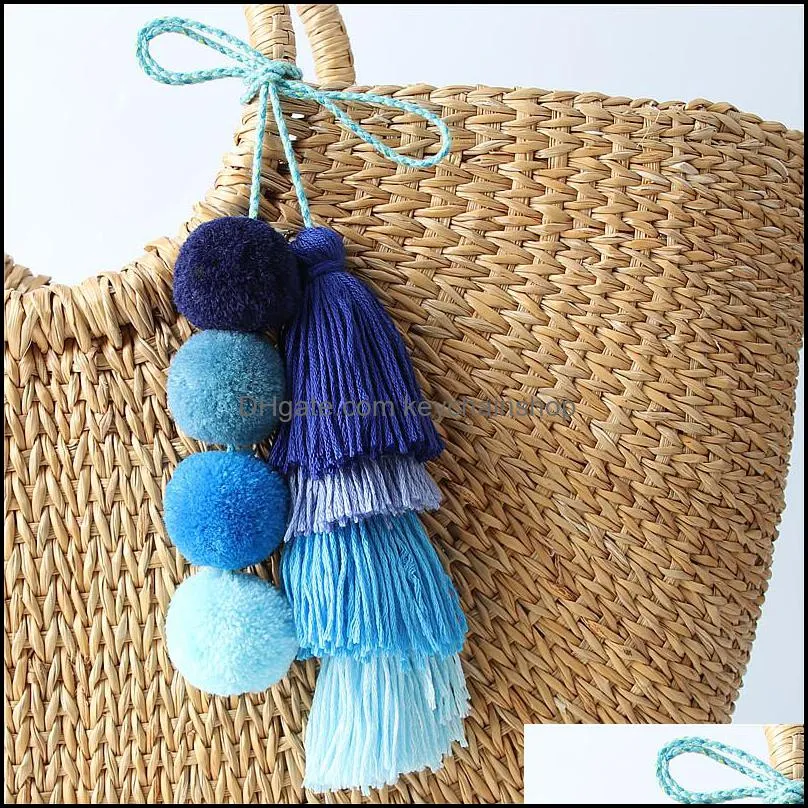 1 Pc Handmade Pom Pom Colorful 4 Layered Tassel Keychain Bag charms Gradient Colors Key Holder Boho Jewelry Gift for women