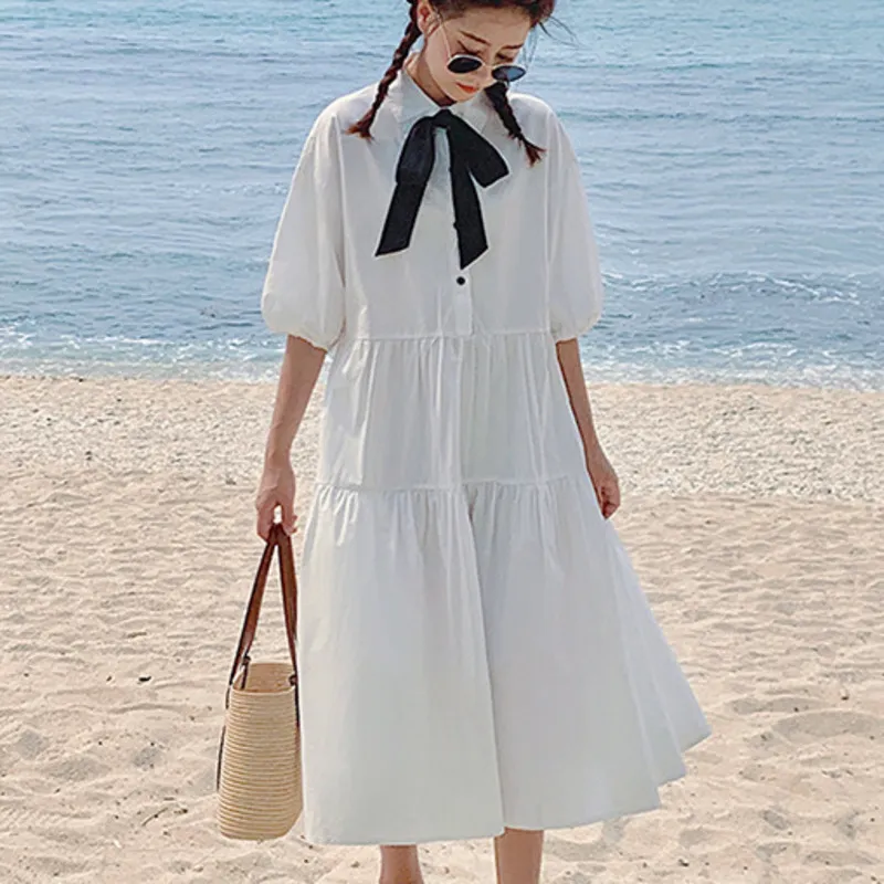 夏のオフィスの女性のエレガントな気質優しい純粋な色の白いVネック半袖ベルトのシャツのドレス女性16F1298 210510