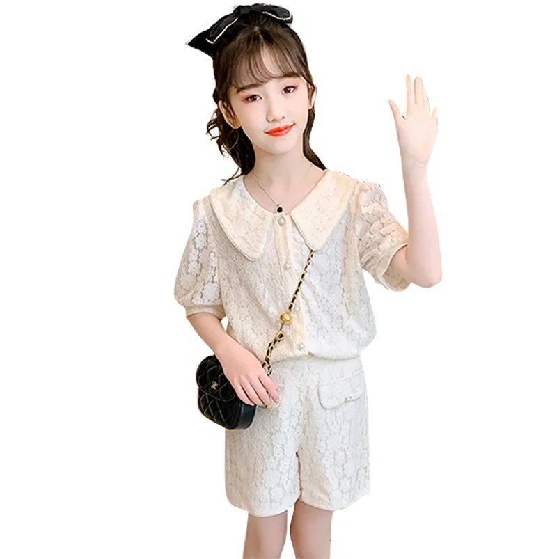 Teen Girls Clothing Lace Tshirt + Short Tracksuits For Casual Style Costumes Summer Kids 210527