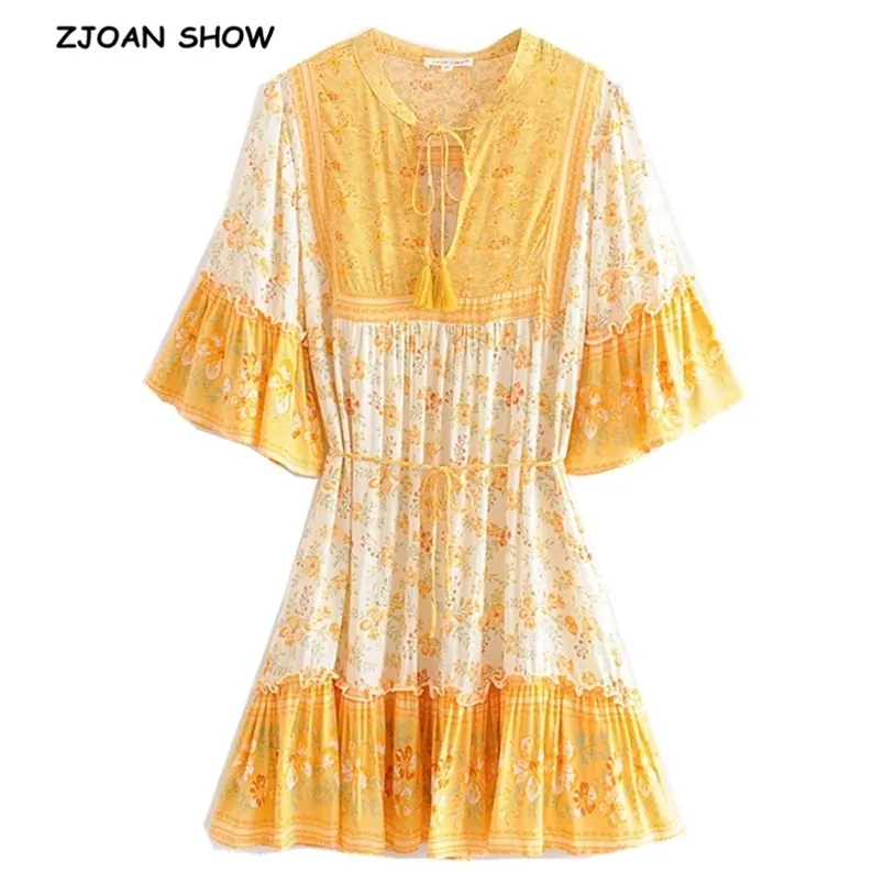 Bohemian laranja flor de cerejeira flor impressão vestido étnico mulher verão tassel lacing up meia manga vestido curto vestido 210429