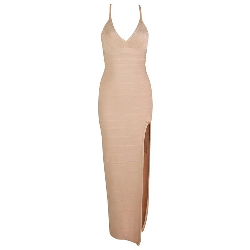 Summer Women Apricot Spaghetti Strap V Neck Rayon Bandage Club Dress Sexy Sleeveless Celebrity Evening Party Dresses 210423