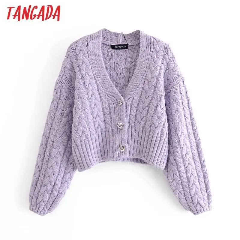 Женщины Tangada Vintage Violet Jersey Buttons Cardigan Jumper Lady Twield Негабаритный вязаный кардиган 3H172 210609