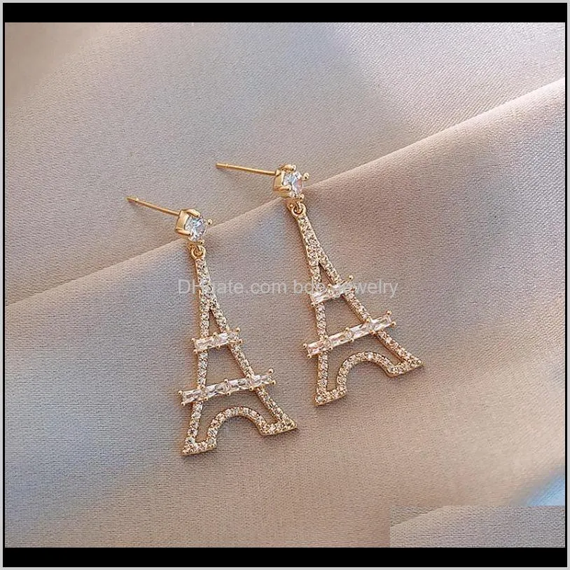 sjcho-42 gold color crystal eiffel tower design studs earrings for woman vintage french style building shaped earrings jewelry