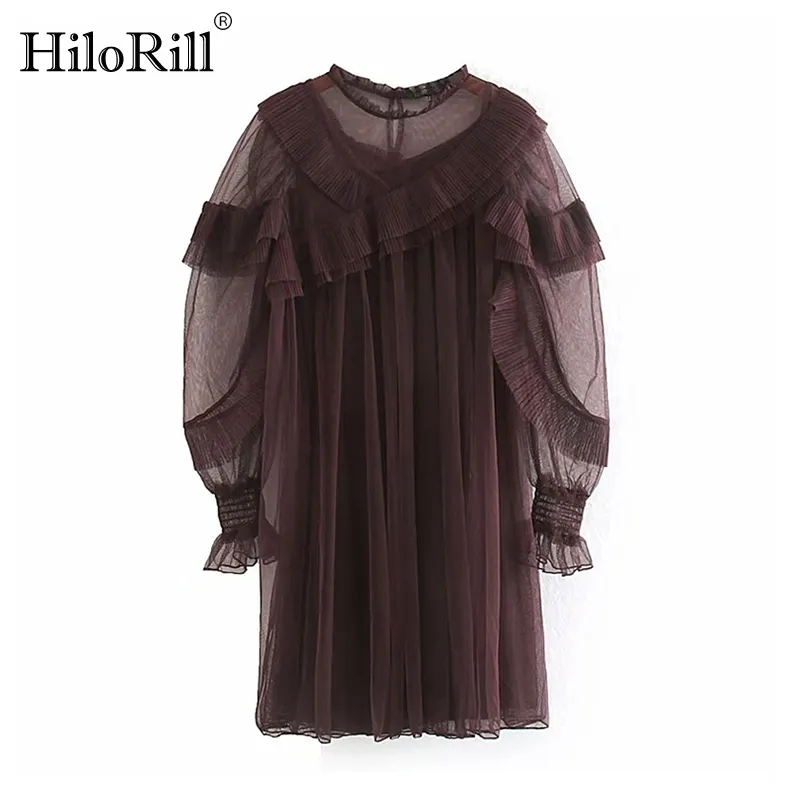 Women Sexy Transparent Mini Dresses Lace Mesh Pleated Party Long Sleeve See Through Ruffled Short 210508