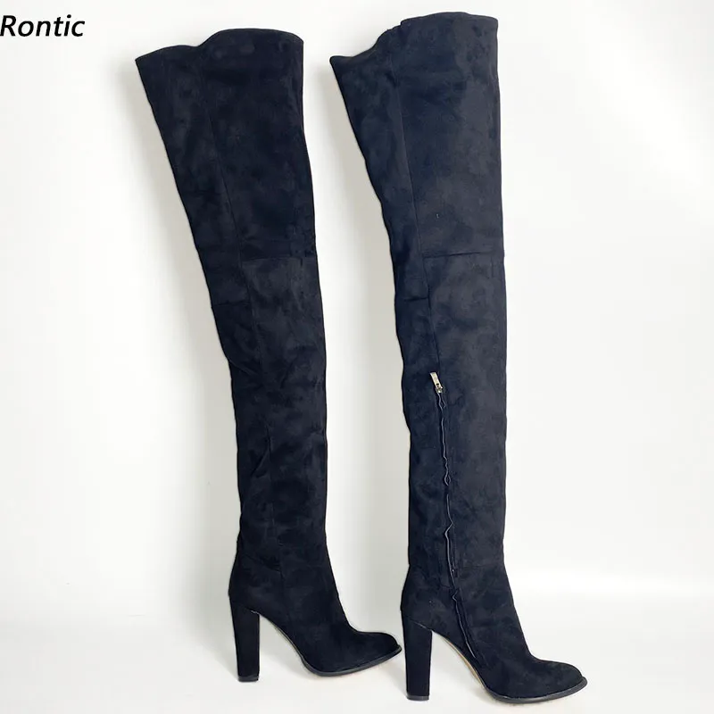 Romantische Nieuwe Collectie Vrouwen Winter Dij Boots Faux Suède Comfort Chunky Hakken Ronde Teen Classic Black Daily Shoes US Maat 5-20