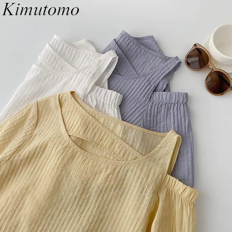 Кимутомо с коротким рукавом футболка женские летние корейский стиль женские нерегулярные O-шеи сплошной цвет все совпадающие вершины вскользь 210521