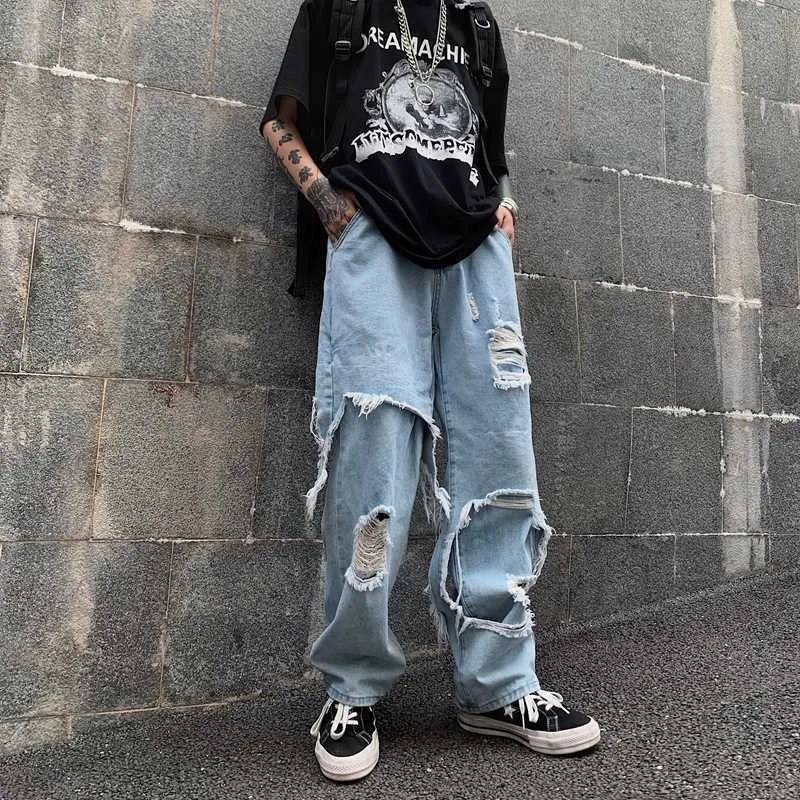 Fake Two-piece Pants Streetwear High Waist Hole Jeans Loose Straight Wide Leg Women's Fashion 210615