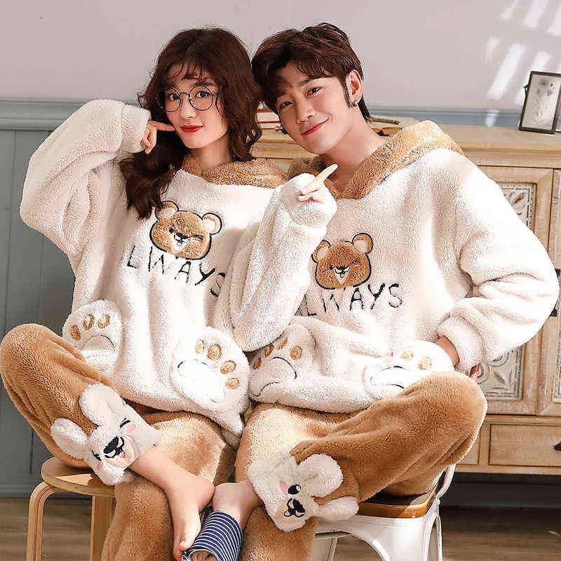 Couple Pajamas Set Winter Thicken Pyjama Men Cute Bear Sleepwear Pijama Homewear Two Piece Suit Pijamas Mujer 211215