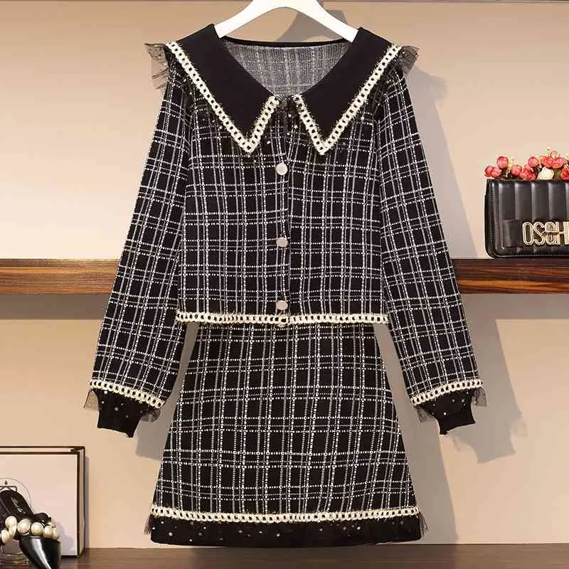 L-5XL Plus Size Damenanzüge Herbst und Winter Damen Tweed Plaid Mantel Tops + Minirock Große Größe 2 Stück Set 210515
