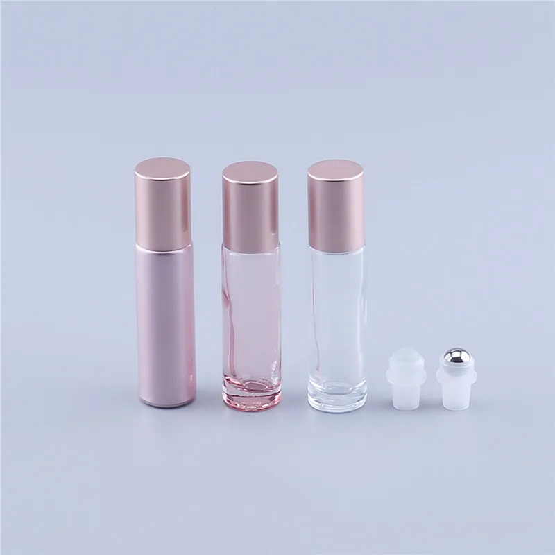 500 pcs 10ml cor rosa rolo de vidro grosso na garrafa de bola de frasco de frasco de perfume vazio de óleo essencial para viajar