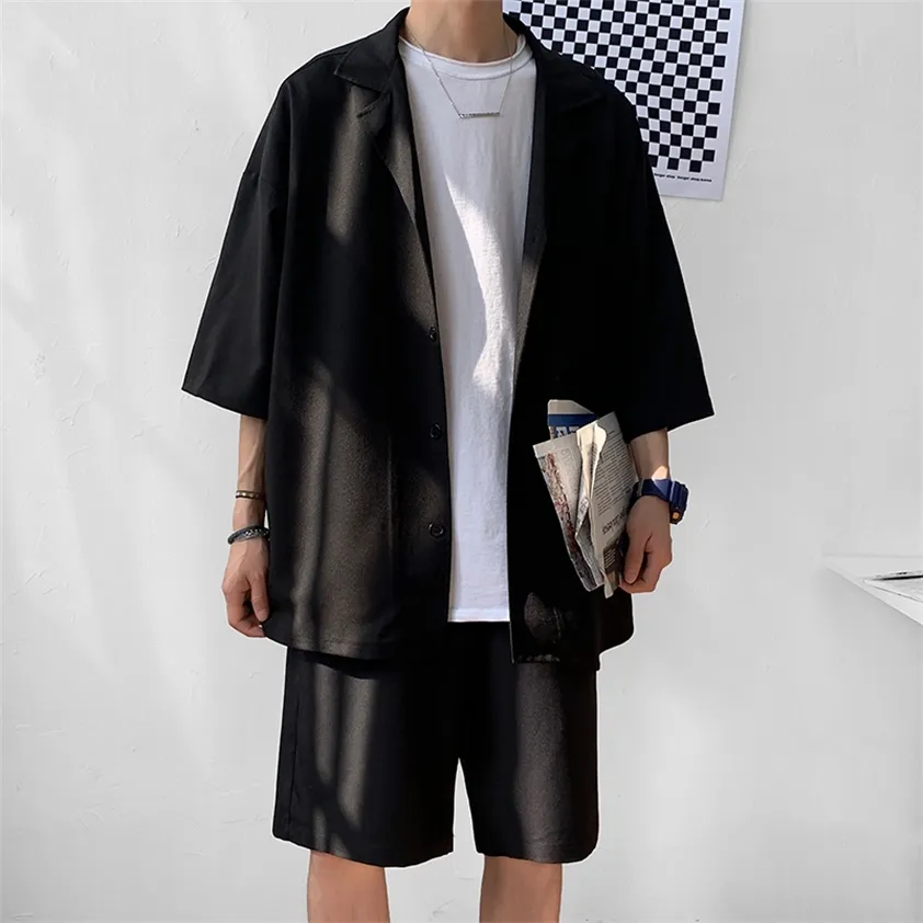 Korean Style Men's Set Suit Jacket and Shorts Solid Thin Short Sleeve Single Pocket Knee-Length Summer Oversized Clothing Man 220215