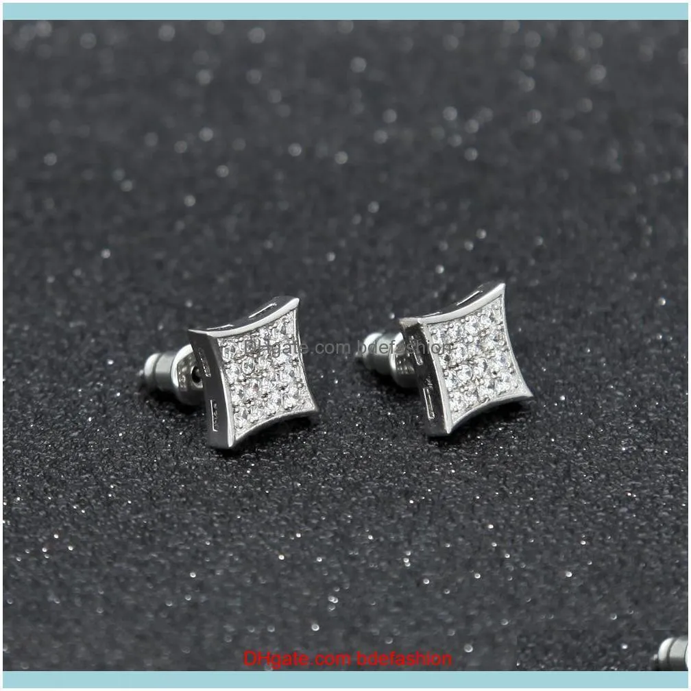 Men Fashion Square Stud Earrings CZ Bling Micro Pave Cubic Zirconia Gold Silver Earring Punk Hiphop Jewelry