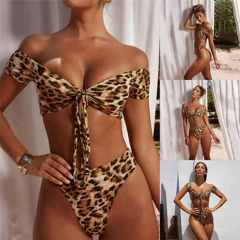 Costume da bagno da donna a due pezzi con stampa leopardata e nodo sul davanti, con spalle scoperte e taglio alto, bikini a fascia X0522