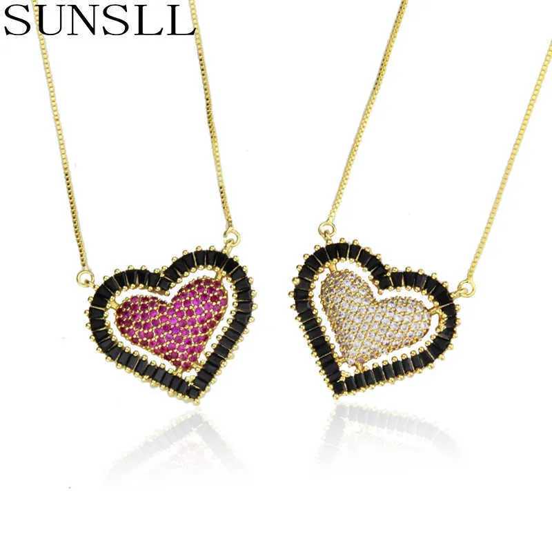 Sunsll ny designad handgjord guld koppar röd / vit svart kubisk zirkonium hjärta romantisk hängande halsband smycken för kvinnor gåva x0707