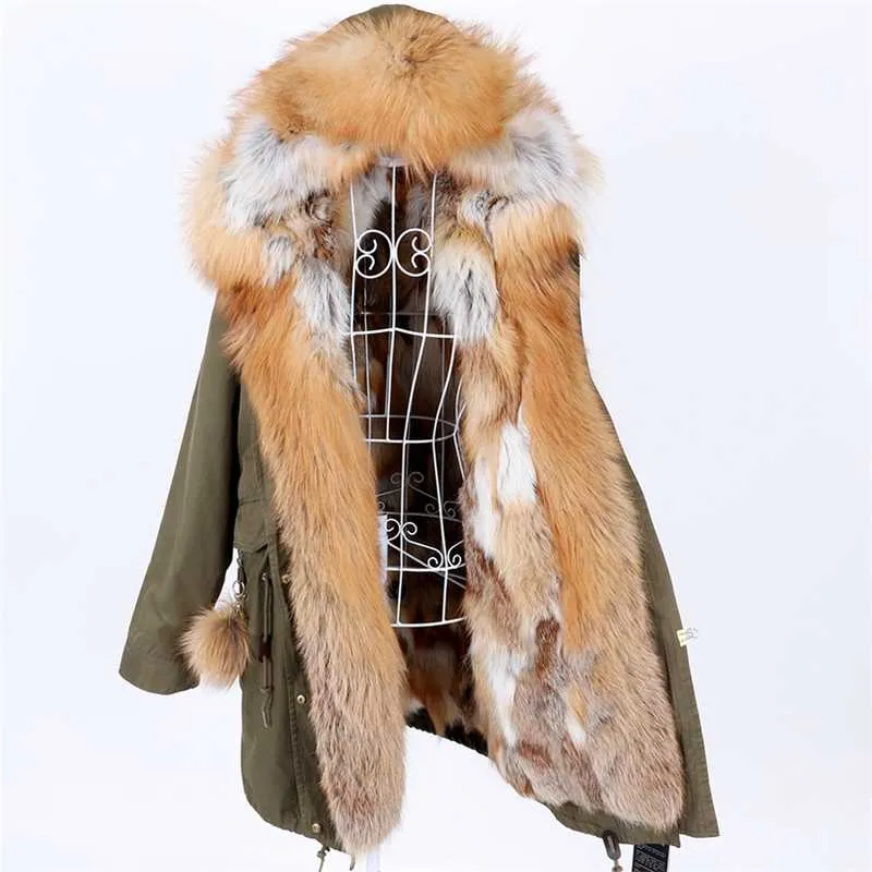 Maaokong Naturalny Real Fox Fur Collar Coat Damska Skórzana Kurtka Zimowa Nosić Damska Kurtka Bombowiec Parka Płaszcz Gruby Płaszcz L 210927