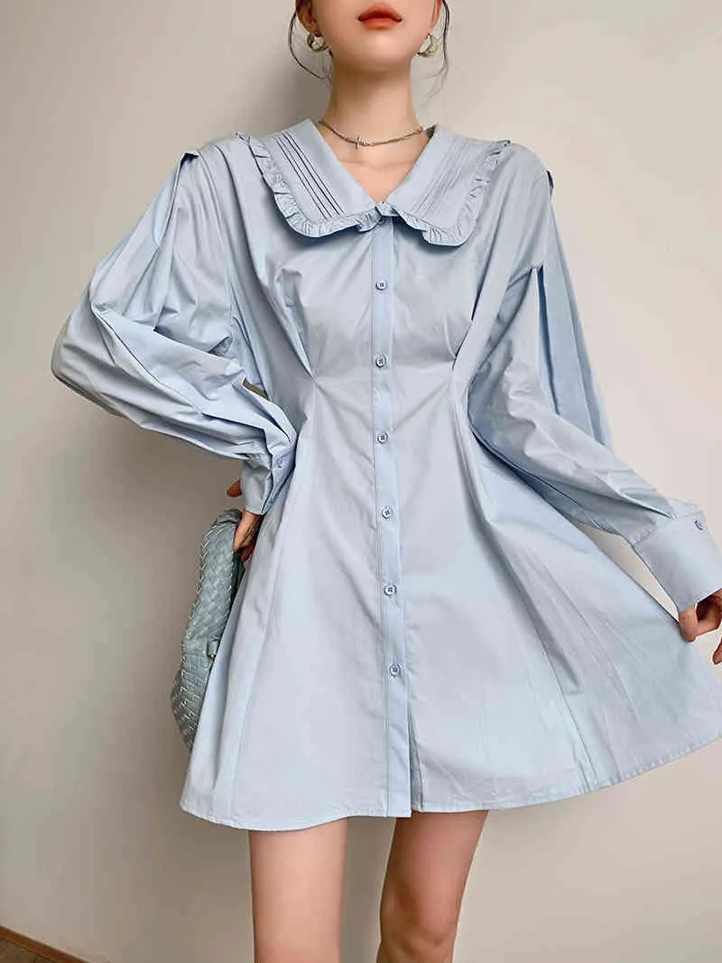 Light Blue Peter Pan Collar casual spring dresses 2022 for Women - Long Sleeve A-Line Tunic with Button-Up Detail - Korean Fashion Clothing (210427)
