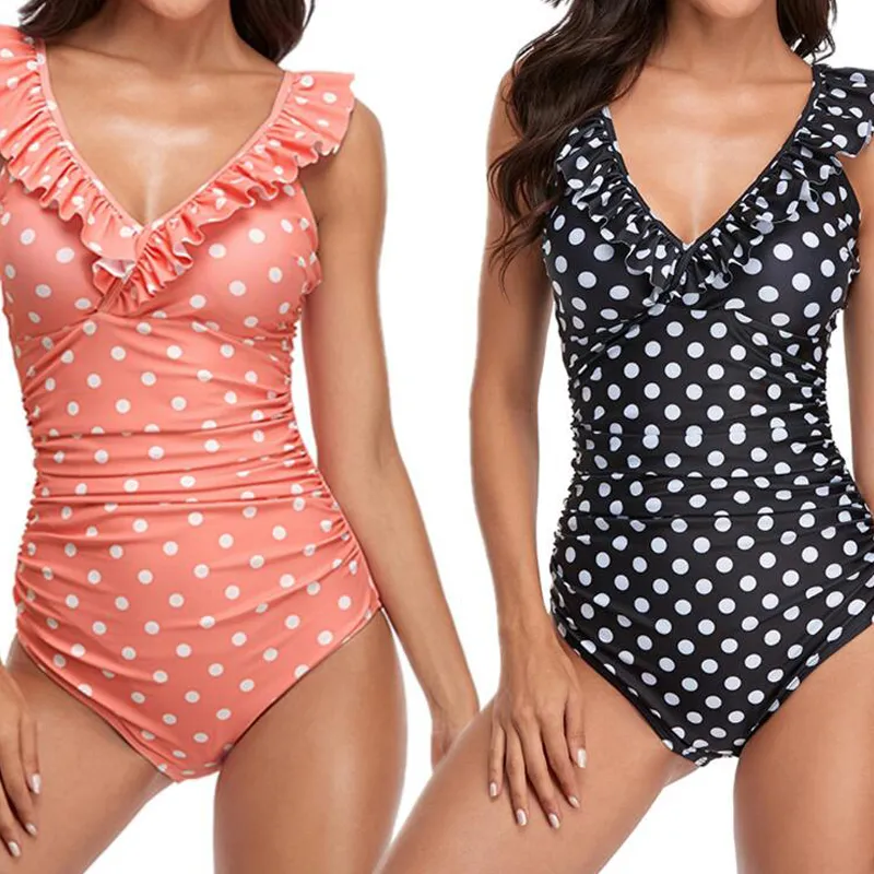 One-Piece Swimsuits Sexig Bikini Vintage Kvinnors V Nack En bit Badkläder Baddräkt Ruffled Lace Up Beachwear