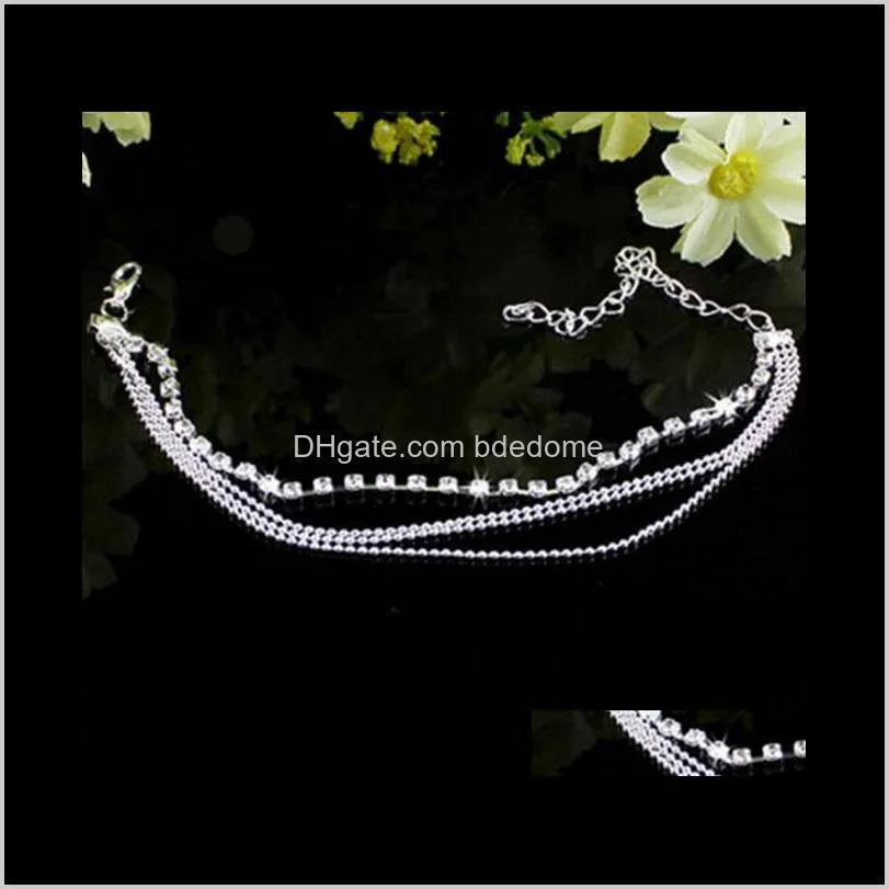 four layer anklet bead metal chain and acrylic diamond prong setting chain silver plated women girls gift