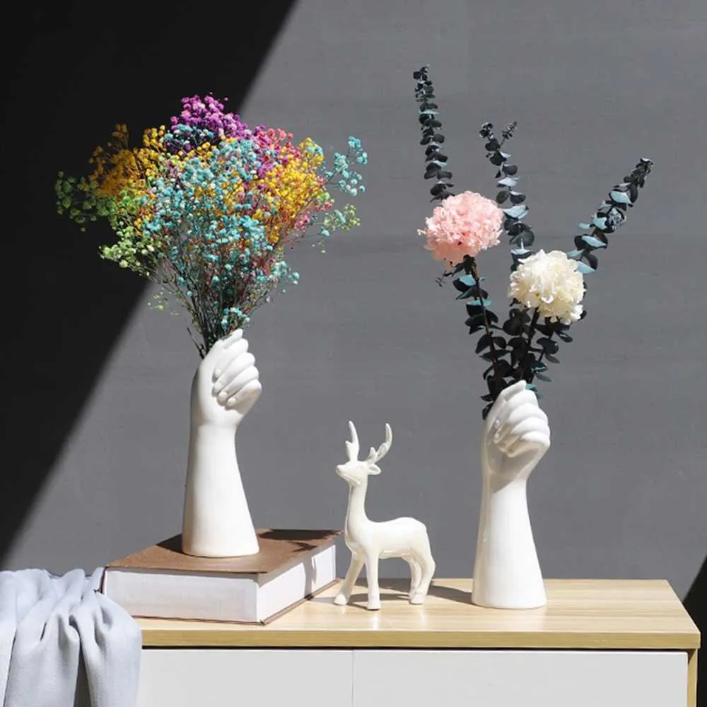 Nordic stijl hand vorm bloemen moderne voor thuis kantoor decor creatieve bloemen compositie woonkamer ornament keramiek vaas