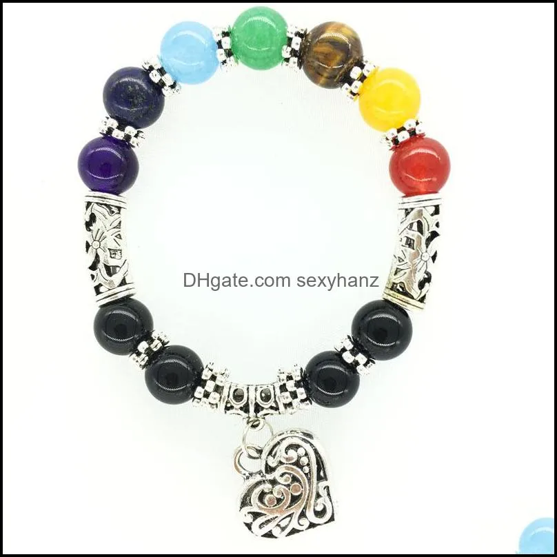 Pärlor, strängar smycken 10mm sju chakra yoga mticolor agate pärlor colorf persika hjärtarmband chakra par armband droppleverans 2021