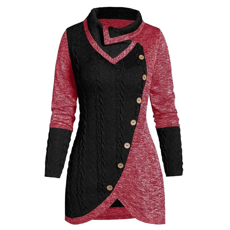 Women Overlap Collar Long Sleeve Button Solid Color Patchwork Irregular Knitted Sweater Autumn Winter All Match Top Pullover Women's Sweater