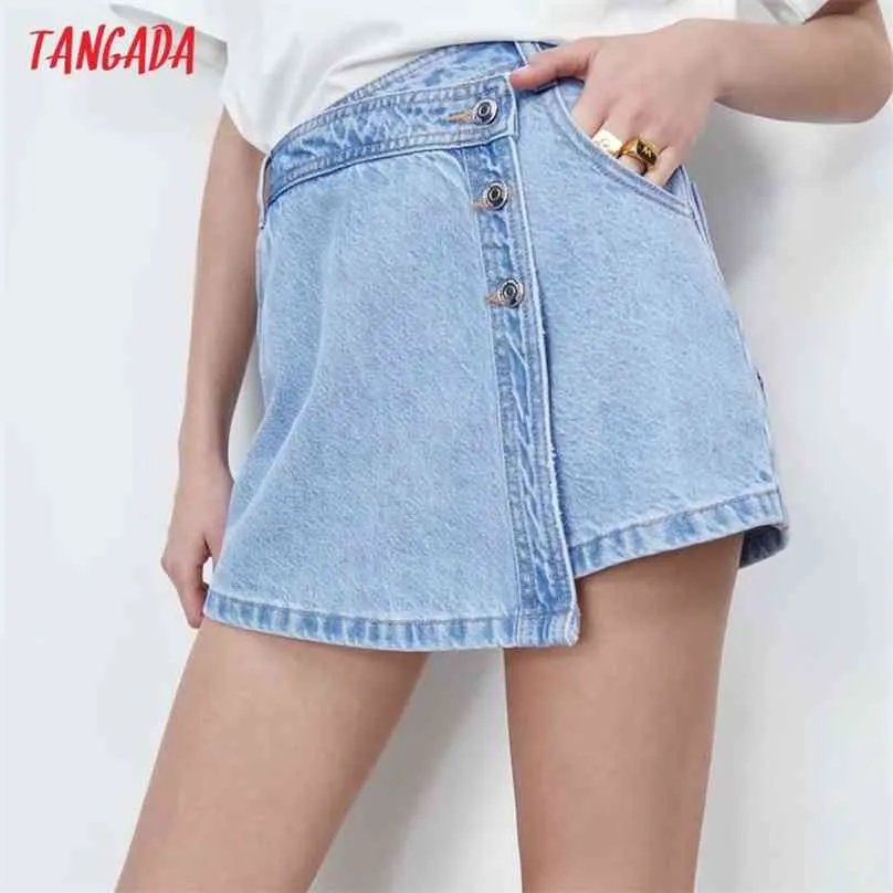 Tangada Women Elegant Denim Skirt Shorts Buttons Pockets Female Retro Summer Casual Pantalones 4M157 210719