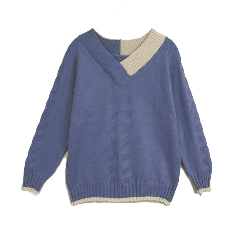 Pull femme col en V pulls tricotés à manches longues bleu blanc lâche hiver m0020 210514