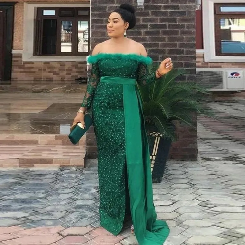 ASO EBI plus taille Green Dark Sirène Robes de soirée épaule à manches longues Robe formelle Robe Forme Rangs de bal perles fendues