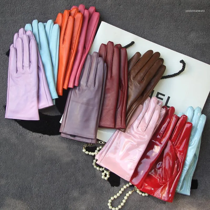 5本の指の手袋エレガントな女性本物のラムスキン本革シープスキン秋と冬に加えてベルベットトレンディな女性ショートグローブ27カラー