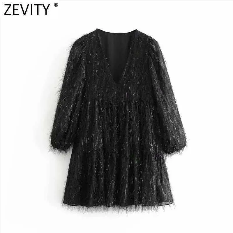 Zevity femmes Vintage col en V brillant gland décoration noir Mini robe Femme pli manches bouffantes Chic Vestido vêtements DS4894 210603