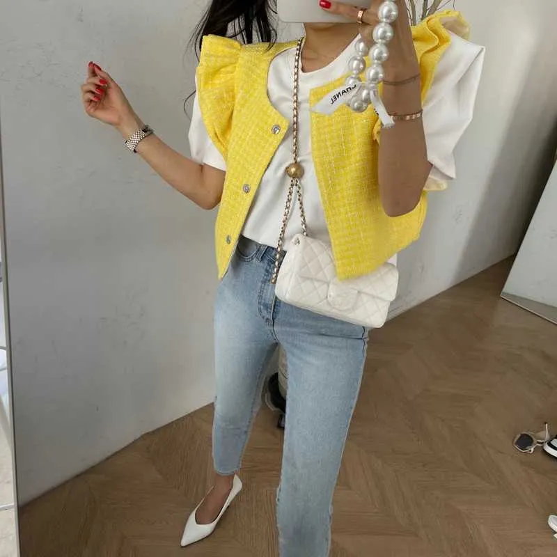 Coreano Chique moda retro amarelo o pescoço voar manga veste mulheres casaco de lã temperamento sem mangas casaco branco tops roupas 210610