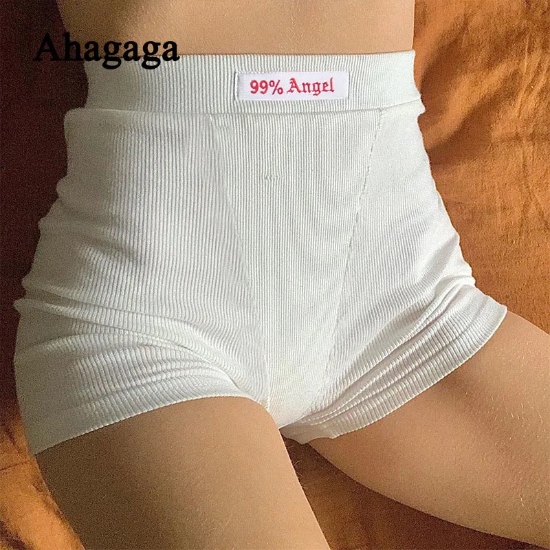 Ahagaga 자수 여성 패션 99% 천사 편지 인쇄 탄성 높은 허리 바이커 반바지 스포티 피트니스 짧은 바지