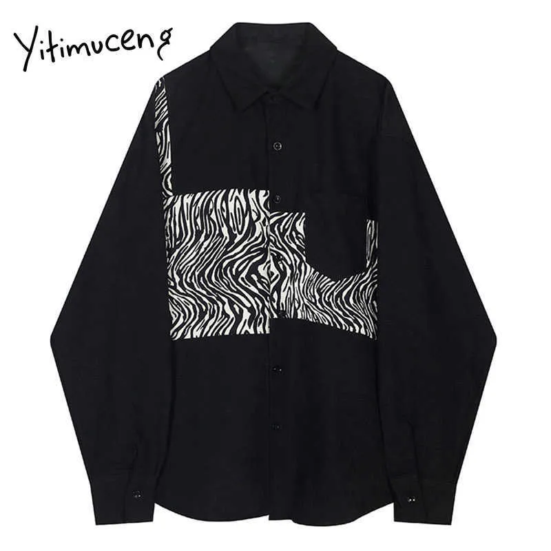 Yitimuceng Patchwork Button Blus Kvinnor SHIRTS Spring Fashion Koreansk Långärmad Stativ Krage Street Style Casual Toppar 210601