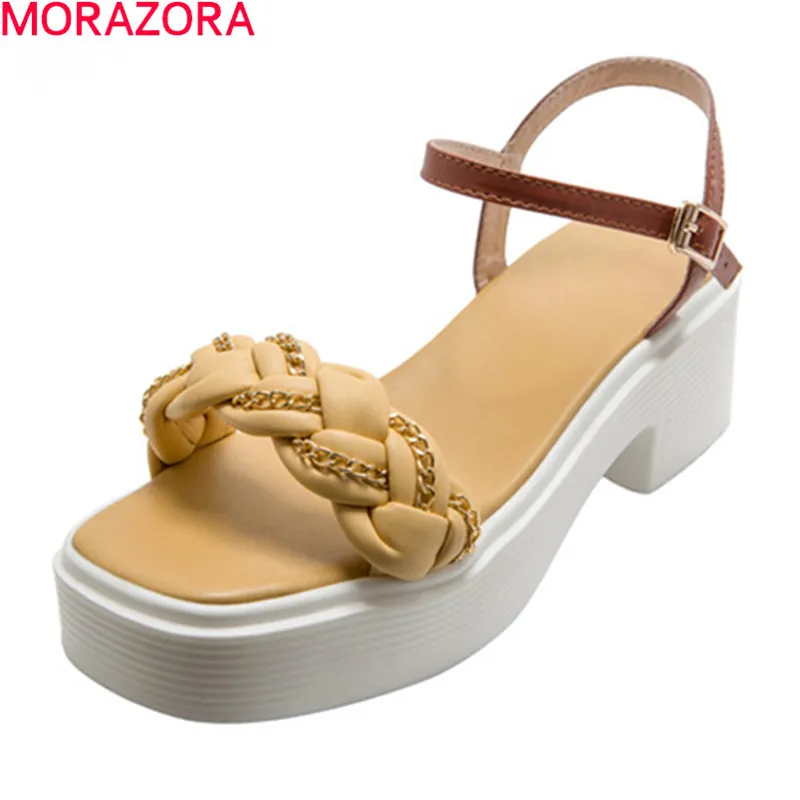 Morazora Summer Sandales en cuir véritable Mode Square Toe Plate-forme Party Chaussures de mariage Jaune Blanc Couleur Party Chaussures 210506