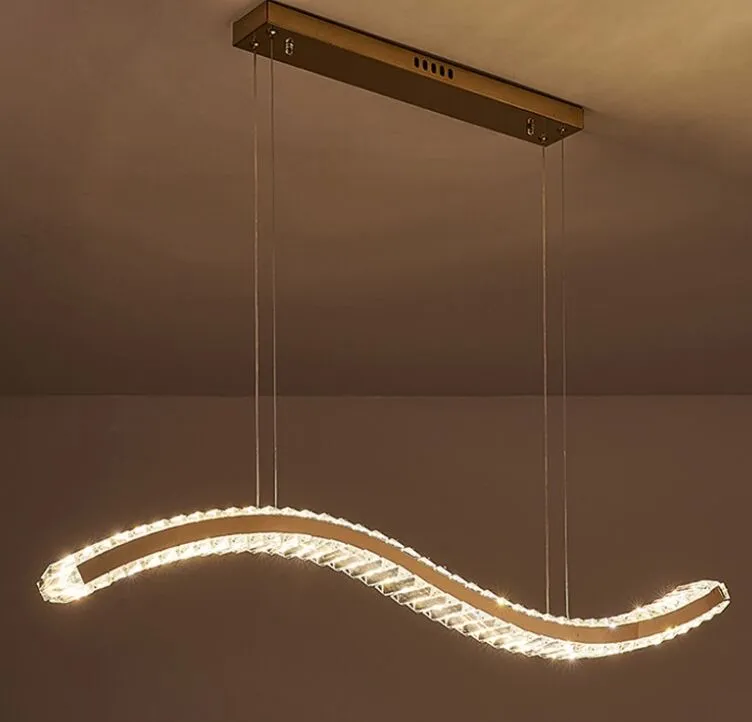 Lustre led moderne pour salle à manger, lampe en cristal en acier inoxydable or/argent, design ondulé, luminaire suspendu pour île de cuisine