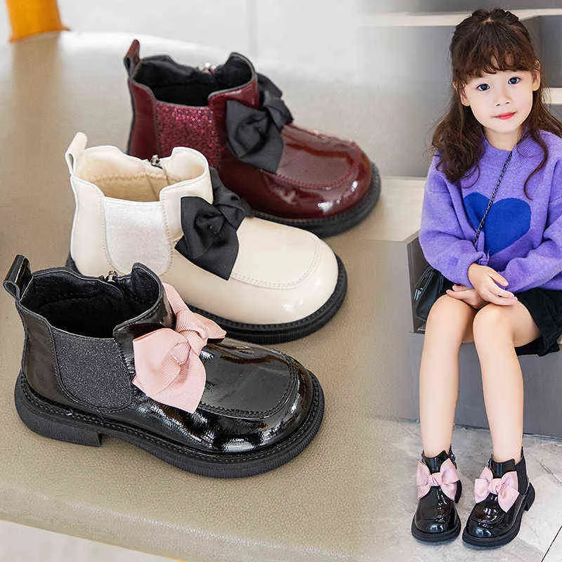 2021 Inverno nuove scarpe per bambini Moda Fashion Bow Princess Boots Girls in vernice in vernice calda casual casual stivali da bambina scarpe G1210