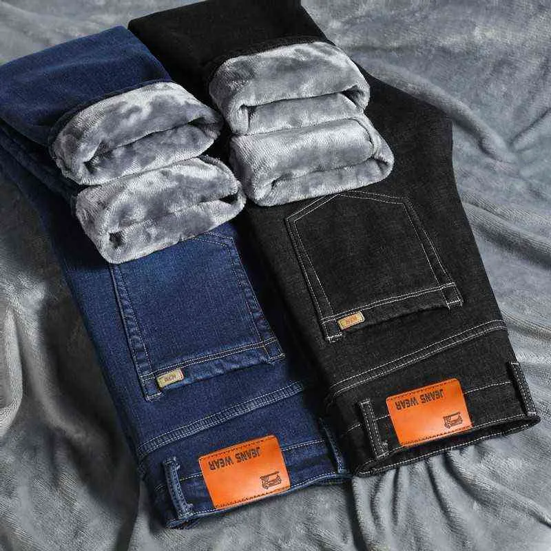 Marca Jeans Homens Inverno Quente Fleece Denim Calças Reta Elástico Grande Tamanho Casual Negócios Ao Ar Livre Pano Homem Calças G0104