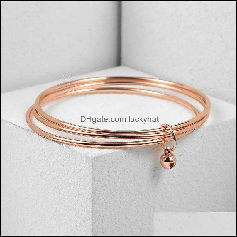 Link, Chain 585 Rose Gold Triple Layered Bangles Cuff For Women Girls Bracelet Bead Key Charm Fashion Party Jewelry Gifts DCB56