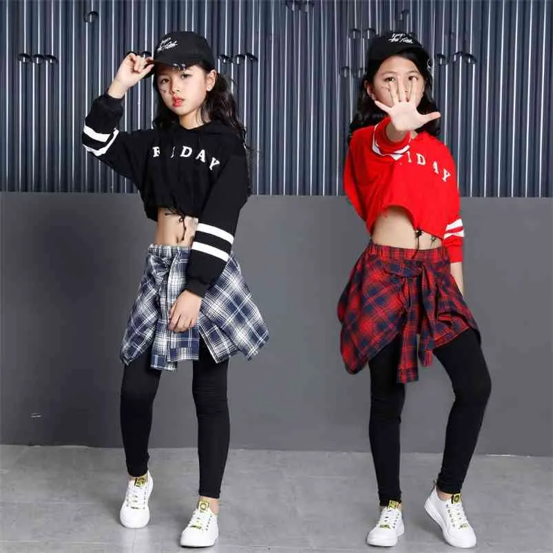 Children's Sports Suits Cotton Clothing Korean Fashion Hip Hop Streetwear Teenage Girls Hoodies Sweatshirt + Plaid Skirt-pants 210622