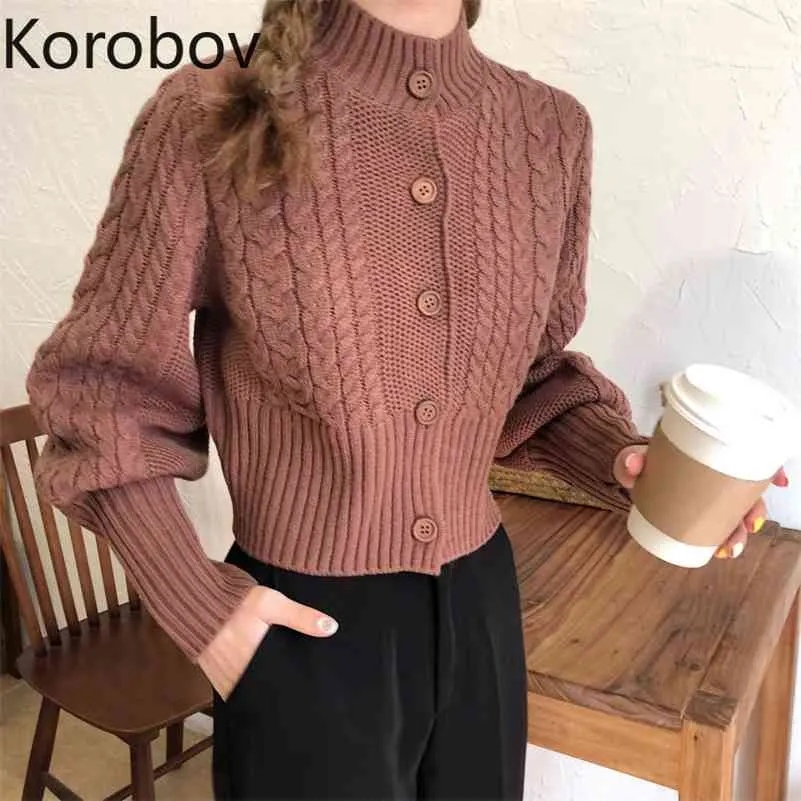 Korobov Automne Nouveau Style Preppy Vintage Femmes Chandail Mince Manches Bouffantes Crop Chandails Solide Coréen Simple Boutonnage Cardigan 78646 210430