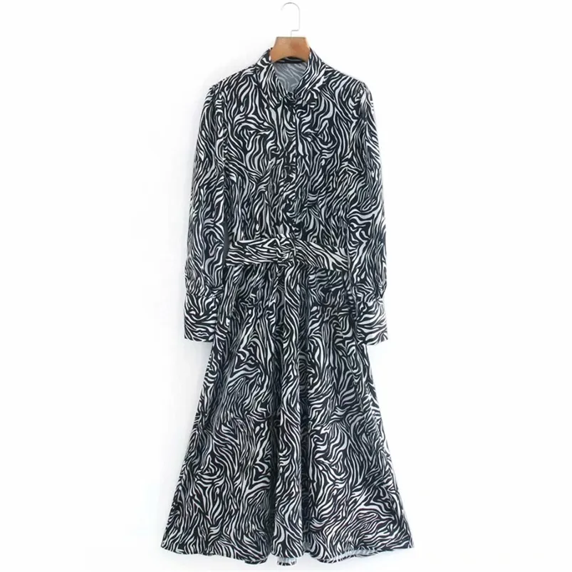 Lato Kobiety Vintage Koszule Sukienka Z Długim Rękawem Sashes Paski Zwierząt Print Es Kobiet Elegang Moda Vestidos 210513