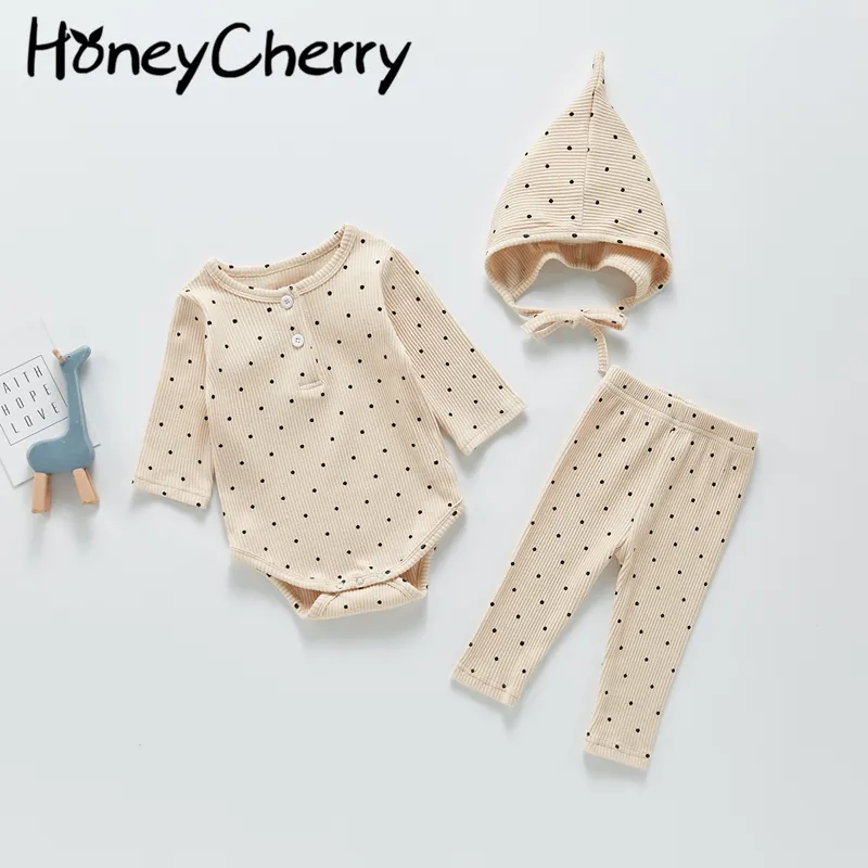 Lente en herfst baby romper pak polka dot bottoming + leggings hoed driedelig 210515