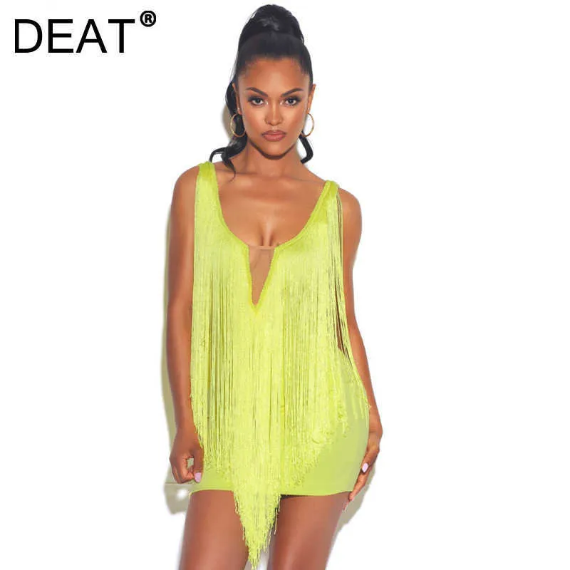 DEAT Kobiety Długie Tassel Fluorescencyjny Kolor Sukienka Okrągły Neck Bez Rękawów Przylotów Dama Sexy Moda Wiosna Lato 11d1140 210709