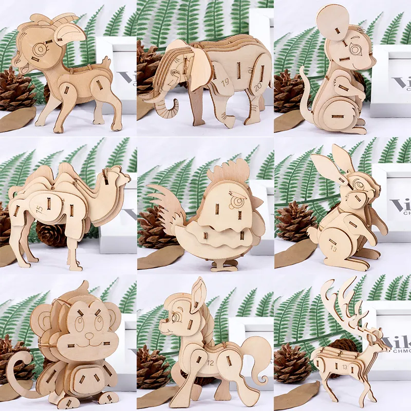 레이저 절단 나무 3D 퍼즐 귀여운 동물 모델 장난감 조립 나무 책상 장식 어린이 선물 PT018