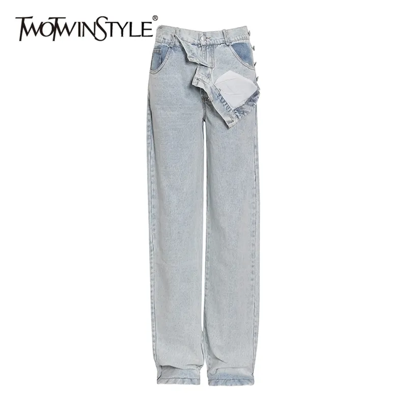 TWOTYLE Casual Denim Hosen für Frauen Hohe Taille Tasche Streetwear Lose Breite Bein Jeans Weibliche Herbst Mode 210809