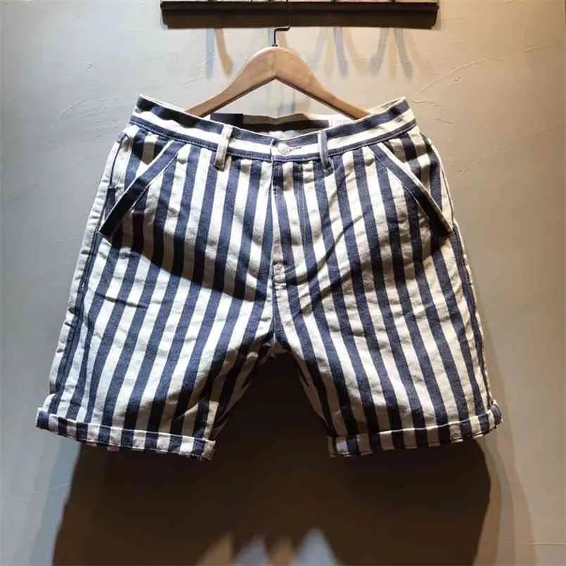 Men's Summer Fashion Brand Cotton Slim Fit Straight Japan Vintage Style Striped Blue Navy Casual Shorts Male China Clothes 210716