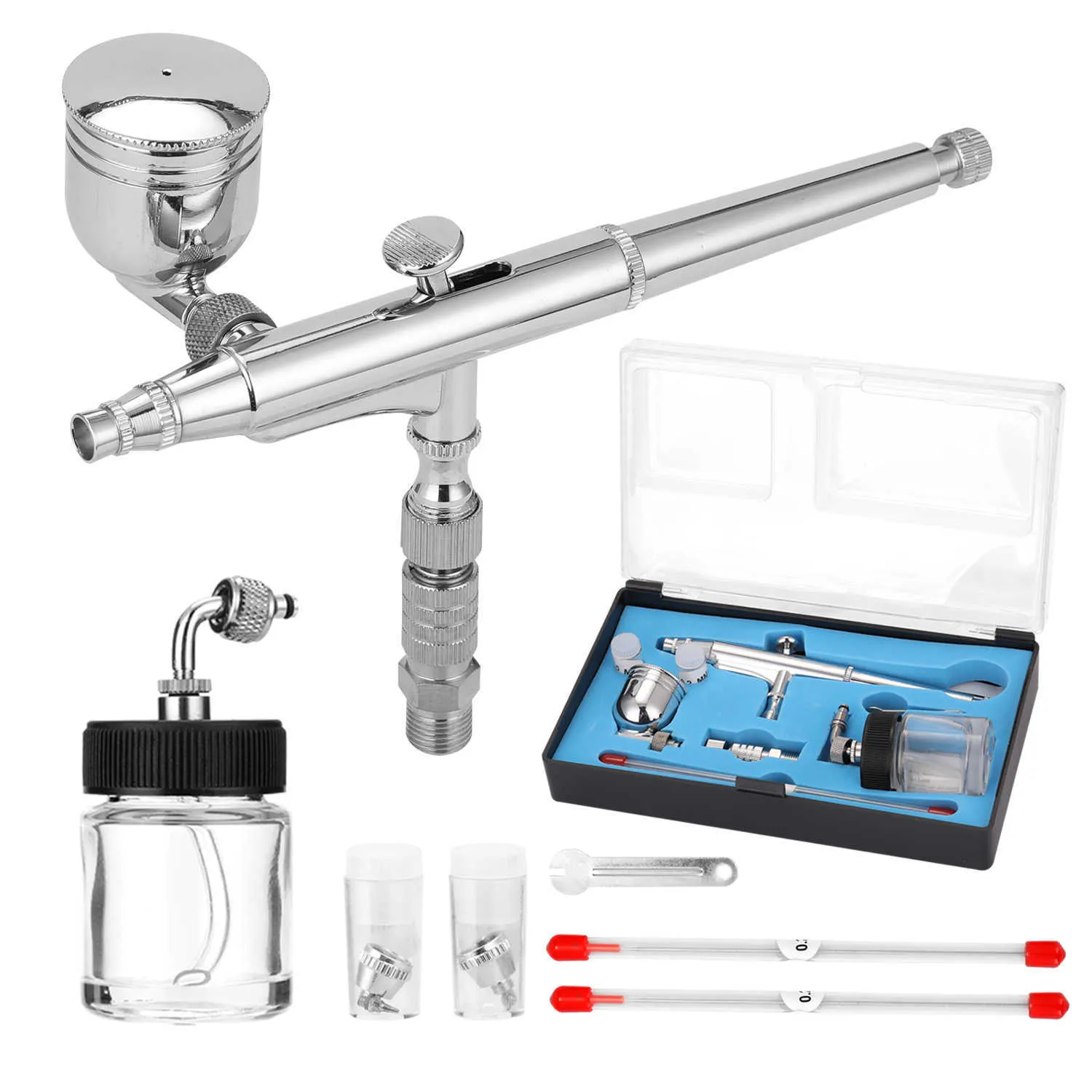 Profesyonel Airbrush Set Model Yapma Sanat Boyama ile G1 / 8 Adaptörü WRentch 2 Sıvı Bardaklar 2 Beedees 2 Nozullar Airbrush Kiti 210719