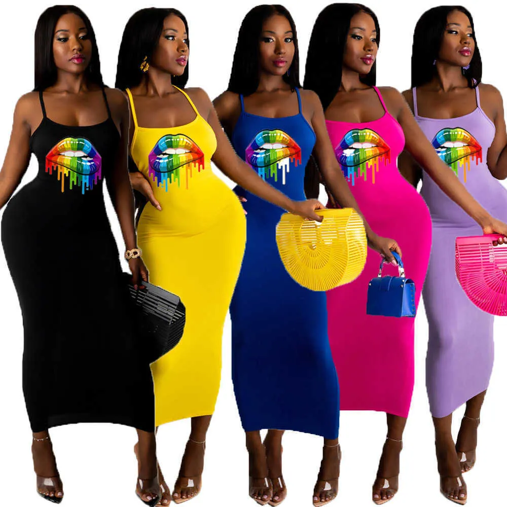 Sexy sem mangas mulheres vestido longo verão moda labial padrão multicolor impresso skinny stretchy bodycon lápis vestidos clubwear plus tamanhos